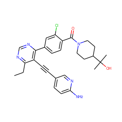 CCc1ncnc(-c2ccc(C(=O)N3CCC(C(C)(C)O)CC3)c(Cl)c2)c1C#Cc1ccc(N)nc1 ZINC000148611190