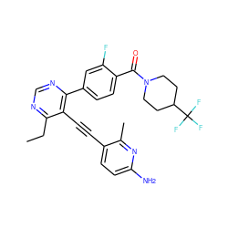 CCc1ncnc(-c2ccc(C(=O)N3CCC(C(F)(F)F)CC3)c(F)c2)c1C#Cc1ccc(N)nc1C ZINC000148813259