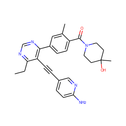 CCc1ncnc(-c2ccc(C(=O)N3CCC(C)(O)CC3)c(C)c2)c1C#Cc1ccc(N)nc1 ZINC000148757639