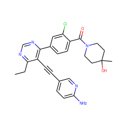 CCc1ncnc(-c2ccc(C(=O)N3CCC(C)(O)CC3)c(Cl)c2)c1C#Cc1ccc(N)nc1 ZINC000148721114