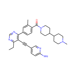 CCc1ncnc(-c2ccc(C(=O)N3CCC(C4CCN(C)CC4)CC3)c(C)c2)c1C#Cc1ccc(N)nc1 ZINC000167400714