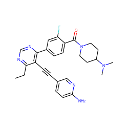 CCc1ncnc(-c2ccc(C(=O)N3CCC(N(C)C)CC3)c(F)c2)c1C#Cc1ccc(N)nc1 ZINC000148951716