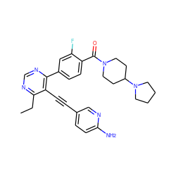 CCc1ncnc(-c2ccc(C(=O)N3CCC(N4CCCC4)CC3)c(F)c2)c1C#Cc1ccc(N)nc1 ZINC000148676155