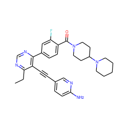 CCc1ncnc(-c2ccc(C(=O)N3CCC(N4CCCCC4)CC3)c(F)c2)c1C#Cc1ccc(N)nc1 ZINC000148662318