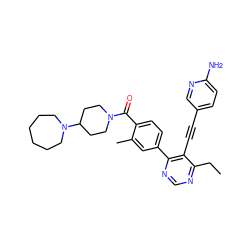 CCc1ncnc(-c2ccc(C(=O)N3CCC(N4CCCCCC4)CC3)c(C)c2)c1C#Cc1ccc(N)nc1 ZINC000148599774