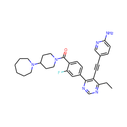 CCc1ncnc(-c2ccc(C(=O)N3CCC(N4CCCCCC4)CC3)c(F)c2)c1C#Cc1ccc(N)nc1 ZINC000148693539