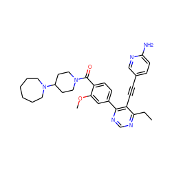 CCc1ncnc(-c2ccc(C(=O)N3CCC(N4CCCCCC4)CC3)c(OC)c2)c1C#Cc1ccc(N)nc1 ZINC000148705482