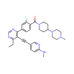 CCc1ncnc(-c2ccc(C(=O)N3CCC(N4CCN(C)CC4)CC3)c(F)c2)c1C#Cc1ccc(NC)nc1 ZINC000148903134