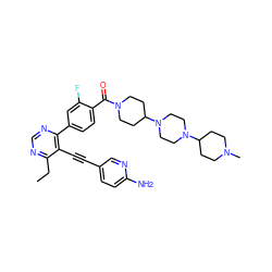 CCc1ncnc(-c2ccc(C(=O)N3CCC(N4CCN(C5CCN(C)CC5)CC4)CC3)c(F)c2)c1C#Cc1ccc(N)nc1 ZINC000167324553