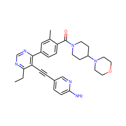 CCc1ncnc(-c2ccc(C(=O)N3CCC(N4CCOCC4)CC3)c(C)c2)c1C#Cc1ccc(N)nc1 ZINC000148527850