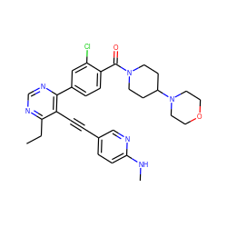 CCc1ncnc(-c2ccc(C(=O)N3CCC(N4CCOCC4)CC3)c(Cl)c2)c1C#Cc1ccc(NC)nc1 ZINC000148689599