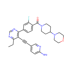 CCc1ncnc(-c2ccc(C(=O)N3CCC(N4CCOCC4)CC3)c(F)c2)c1C#Cc1ccc(N)nc1 ZINC000148636917