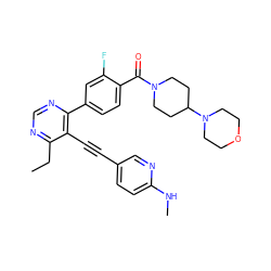 CCc1ncnc(-c2ccc(C(=O)N3CCC(N4CCOCC4)CC3)c(F)c2)c1C#Cc1ccc(NC)nc1 ZINC000148962501