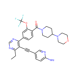 CCc1ncnc(-c2ccc(C(=O)N3CCC(N4CCOCC4)CC3)c(OC(F)(F)F)c2)c1C#Cc1ccc(N)nc1 ZINC000167436082