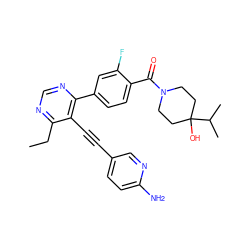 CCc1ncnc(-c2ccc(C(=O)N3CCC(O)(C(C)C)CC3)c(F)c2)c1C#Cc1ccc(N)nc1 ZINC000148683295