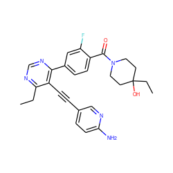 CCc1ncnc(-c2ccc(C(=O)N3CCC(O)(CC)CC3)c(F)c2)c1C#Cc1ccc(N)nc1 ZINC000148979637