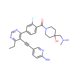 CCc1ncnc(-c2ccc(C(=O)N3CCC(O)(CN(C)C)CC3)c(F)c2)c1C#Cc1ccc(N)nc1 ZINC000148382813