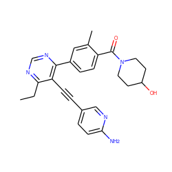 CCc1ncnc(-c2ccc(C(=O)N3CCC(O)CC3)c(C)c2)c1C#Cc1ccc(N)nc1 ZINC000148694460