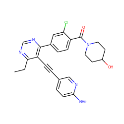 CCc1ncnc(-c2ccc(C(=O)N3CCC(O)CC3)c(Cl)c2)c1C#Cc1ccc(N)nc1 ZINC000148384389