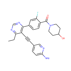 CCc1ncnc(-c2ccc(C(=O)N3CCC(O)CC3)c(F)c2)c1C#Cc1ccc(N)nc1 ZINC000148664069