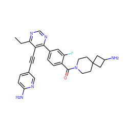 CCc1ncnc(-c2ccc(C(=O)N3CCC4(CC3)CC(N)C4)c(F)c2)c1C#Cc1ccc(N)nc1 ZINC000167469477