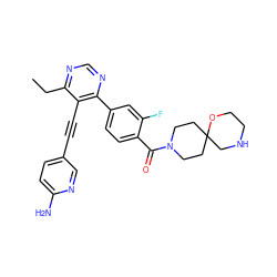 CCc1ncnc(-c2ccc(C(=O)N3CCC4(CC3)CNCCO4)c(F)c2)c1C#Cc1ccc(N)nc1 ZINC000148694726