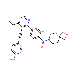 CCc1ncnc(-c2ccc(C(=O)N3CCC4(CC3)COC4)c(F)c2)c1C#Cc1ccc(N)nc1 ZINC000148875759