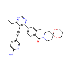 CCc1ncnc(-c2ccc(C(=O)N3CCC4(CC3)OCCCO4)c(C)c2)c1C#Cc1ccc(N)nc1 ZINC000167399874