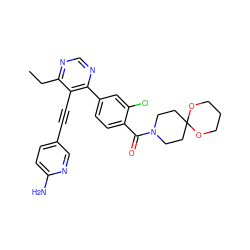 CCc1ncnc(-c2ccc(C(=O)N3CCC4(CC3)OCCCO4)c(Cl)c2)c1C#Cc1ccc(N)nc1 ZINC000148680944