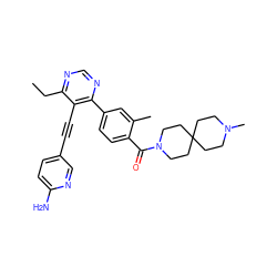 CCc1ncnc(-c2ccc(C(=O)N3CCC4(CCN(C)CC4)CC3)c(C)c2)c1C#Cc1ccc(N)nc1 ZINC000148752833