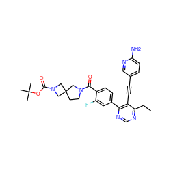 CCc1ncnc(-c2ccc(C(=O)N3CCC4(CN(C(=O)OC(C)(C)C)C4)C3)c(F)c2)c1C#Cc1ccc(N)nc1 ZINC000167471296