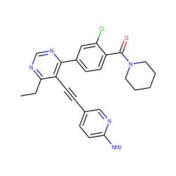 CCc1ncnc(-c2ccc(C(=O)N3CCCCC3)c(Cl)c2)c1C#Cc1ccc(N)nc1 ZINC000148587460