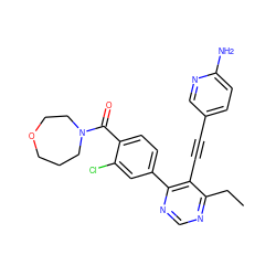 CCc1ncnc(-c2ccc(C(=O)N3CCCOCC3)c(Cl)c2)c1C#Cc1ccc(N)nc1 ZINC000148668030