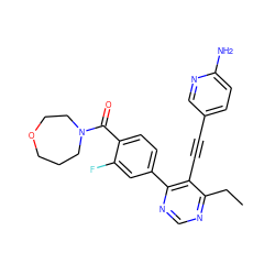 CCc1ncnc(-c2ccc(C(=O)N3CCCOCC3)c(F)c2)c1C#Cc1ccc(N)nc1 ZINC000148382562