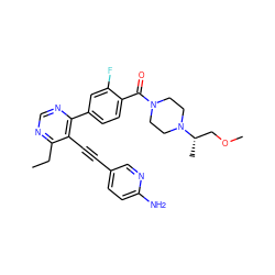 CCc1ncnc(-c2ccc(C(=O)N3CCN([C@@H](C)COC)CC3)c(F)c2)c1C#Cc1ccc(N)nc1 ZINC000148269414