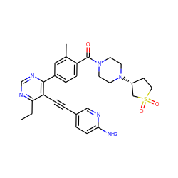 CCc1ncnc(-c2ccc(C(=O)N3CCN([C@@H]4CCS(=O)(=O)C4)CC3)c(C)c2)c1C#Cc1ccc(N)nc1 ZINC000167392653