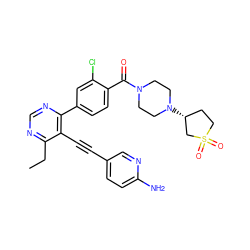 CCc1ncnc(-c2ccc(C(=O)N3CCN([C@@H]4CCS(=O)(=O)C4)CC3)c(Cl)c2)c1C#Cc1ccc(N)nc1 ZINC000148591006