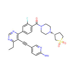 CCc1ncnc(-c2ccc(C(=O)N3CCN([C@@H]4CCS(=O)(=O)C4)CC3)c(F)c2)c1C#Cc1ccc(N)nc1 ZINC000148579137