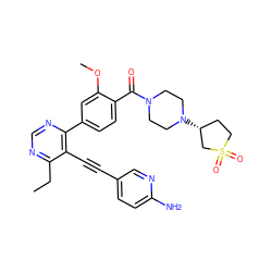 CCc1ncnc(-c2ccc(C(=O)N3CCN([C@@H]4CCS(=O)(=O)C4)CC3)c(OC)c2)c1C#Cc1ccc(N)nc1 ZINC000167349142