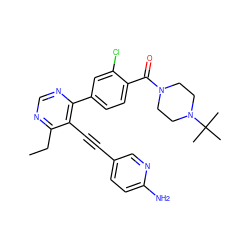 CCc1ncnc(-c2ccc(C(=O)N3CCN(C(C)(C)C)CC3)c(Cl)c2)c1C#Cc1ccc(N)nc1 ZINC000148973693