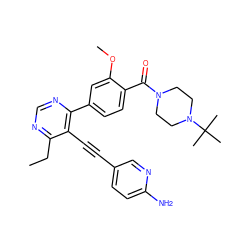 CCc1ncnc(-c2ccc(C(=O)N3CCN(C(C)(C)C)CC3)c(OC)c2)c1C#Cc1ccc(N)nc1 ZINC000148507123