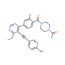 CCc1ncnc(-c2ccc(C(=O)N3CCN(C(C)=O)CC3)c(C)c2)c1C#Cc1ccc(N)nc1 ZINC000167395419