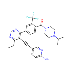 CCc1ncnc(-c2ccc(C(=O)N3CCN(C(C)C)CC3)c(C(F)(F)F)c2)c1C#Cc1ccc(N)nc1 ZINC000167436563