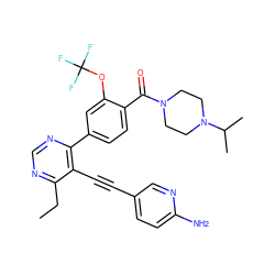 CCc1ncnc(-c2ccc(C(=O)N3CCN(C(C)C)CC3)c(OC(F)(F)F)c2)c1C#Cc1ccc(N)nc1 ZINC000148595425