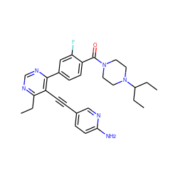 CCc1ncnc(-c2ccc(C(=O)N3CCN(C(CC)CC)CC3)c(F)c2)c1C#Cc1ccc(N)nc1 ZINC000148812360