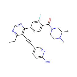 CCc1ncnc(-c2ccc(C(=O)N3CCN(C)[C@@H](C)C3)c(F)c2)c1C#Cc1ccc(N)nc1 ZINC000148562045