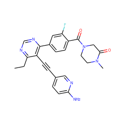 CCc1ncnc(-c2ccc(C(=O)N3CCN(C)C(=O)C3)c(F)c2)c1C#Cc1ccc(N)nc1 ZINC000148814309