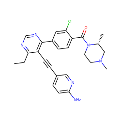 CCc1ncnc(-c2ccc(C(=O)N3CCN(C)C[C@H]3C)c(Cl)c2)c1C#Cc1ccc(N)nc1 ZINC000167482052