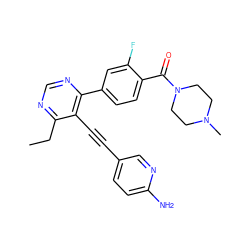 CCc1ncnc(-c2ccc(C(=O)N3CCN(C)CC3)c(F)c2)c1C#Cc1ccc(N)nc1 ZINC000148809207