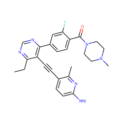 CCc1ncnc(-c2ccc(C(=O)N3CCN(C)CC3)c(F)c2)c1C#Cc1ccc(N)nc1C ZINC000148592746